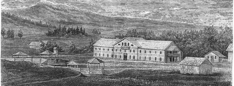 Zakład Kąpielowy w Rabce podczas budowy. Drzeworyt autorstwa L. Fiedlera zamieszczony na łamach „Tygodnika Illustrowanego” z 1867 r.